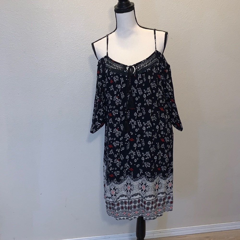 Tanzara black floral open shoulder midi dress